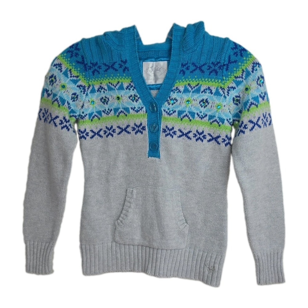 Justice Hooded Sweater Girls Size 10‎ Gray/Blue/Green Sequins Long Sleeves